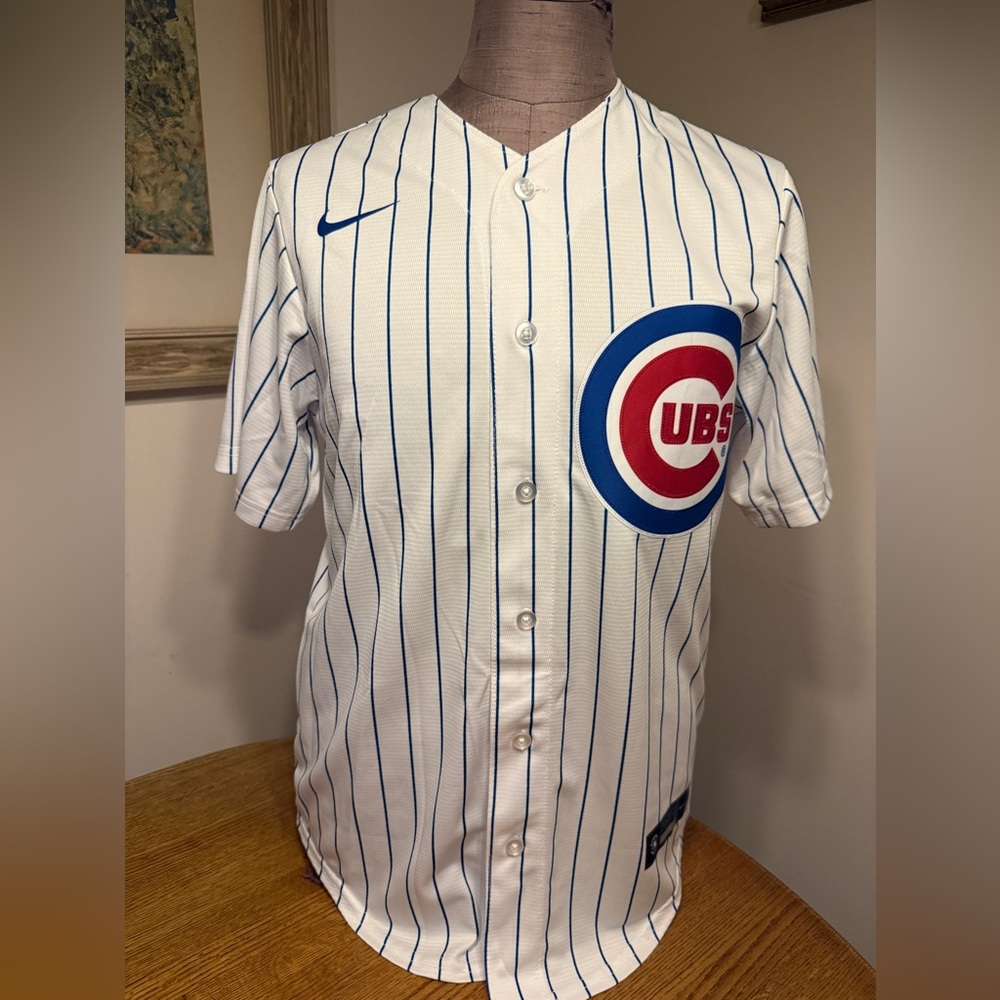 Authentic Cubs/ American Airlines Adva Nike White Jersey with Blue Pinstripes